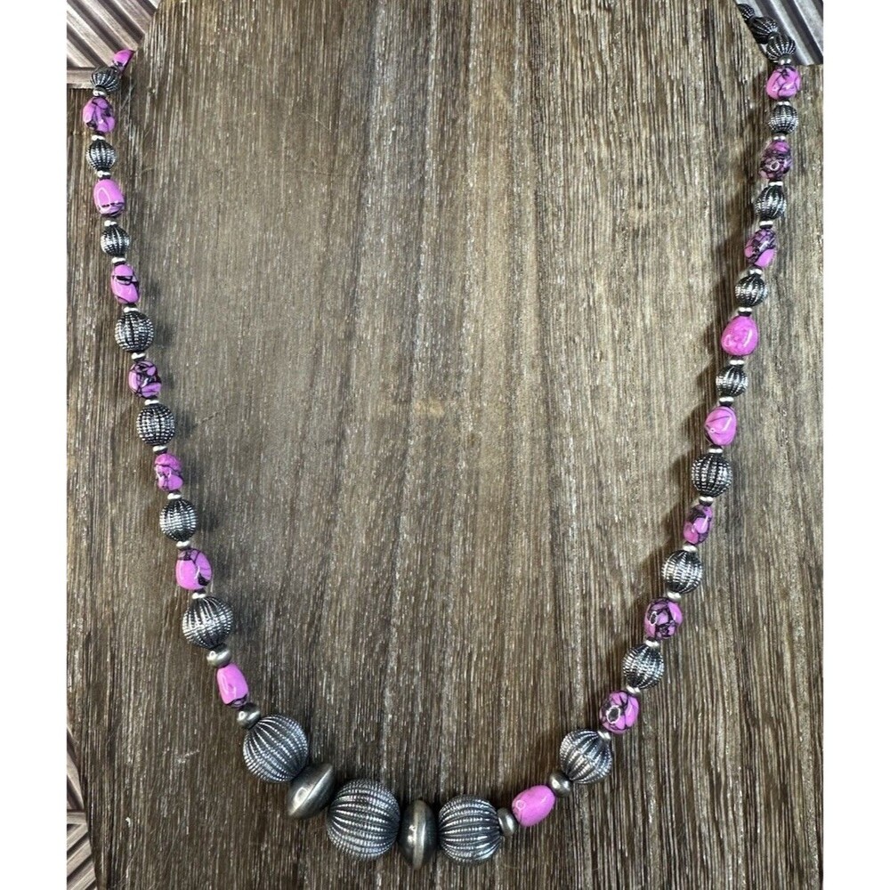 Native Southwest Sterling Cherry Blossom Dahlia 6-12MM Beaded Necklace 18-20”